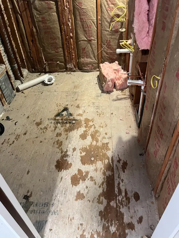 Subfloor Preparation — Bathroom stripped to the subfloor with plumbing roughed in before waterproofing and tile.